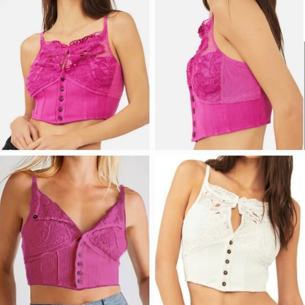 Free People Pink Lace Cami Crop Top Button Front NWT L